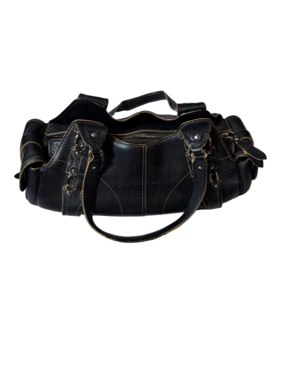 Vintage Y2K Cole Haan Village Black Leather Buckle Barrel Satchel Bag read